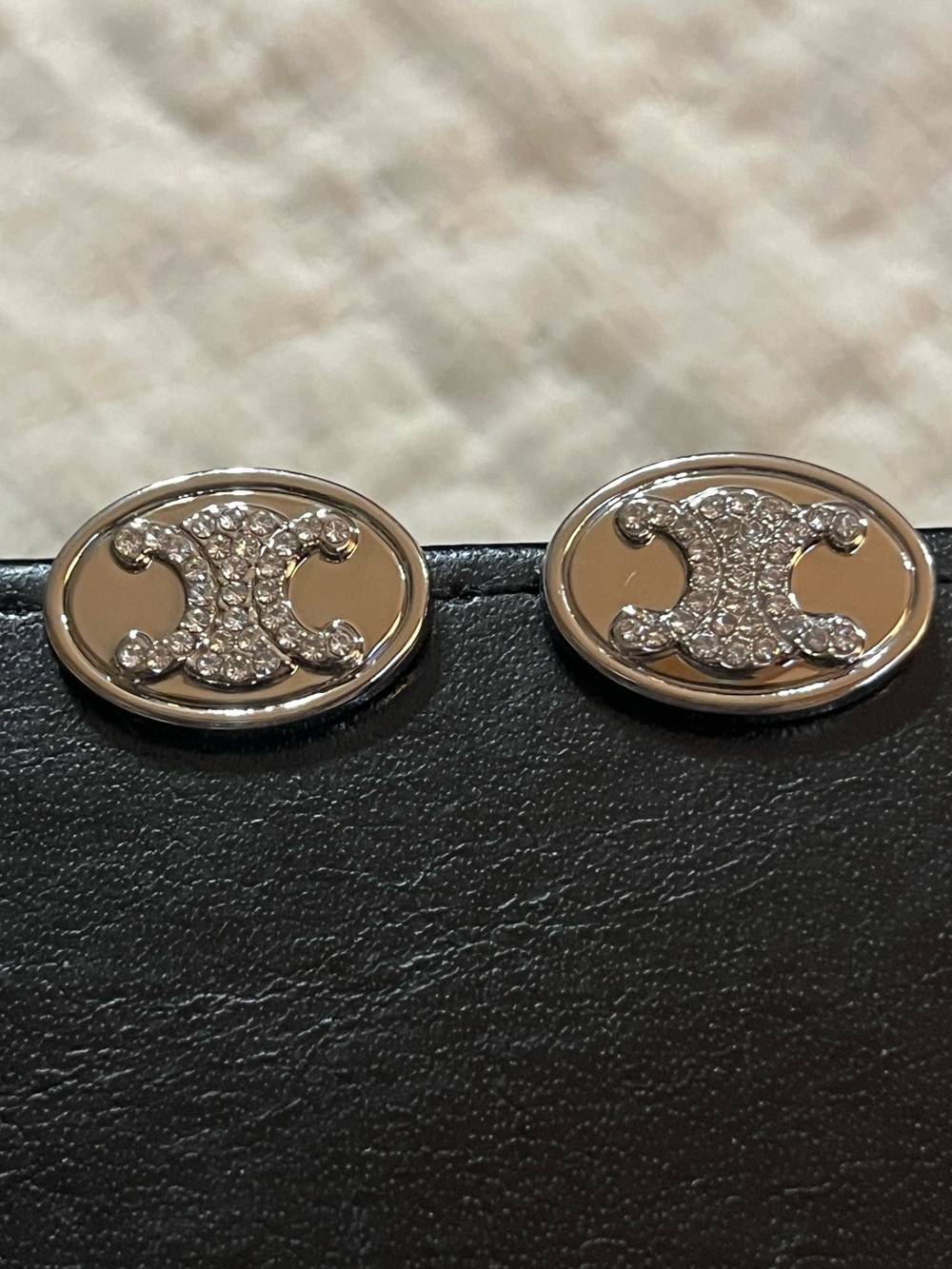 Celine. Triomphe. Silver Tone Rhinestone Oval Stud Earrings